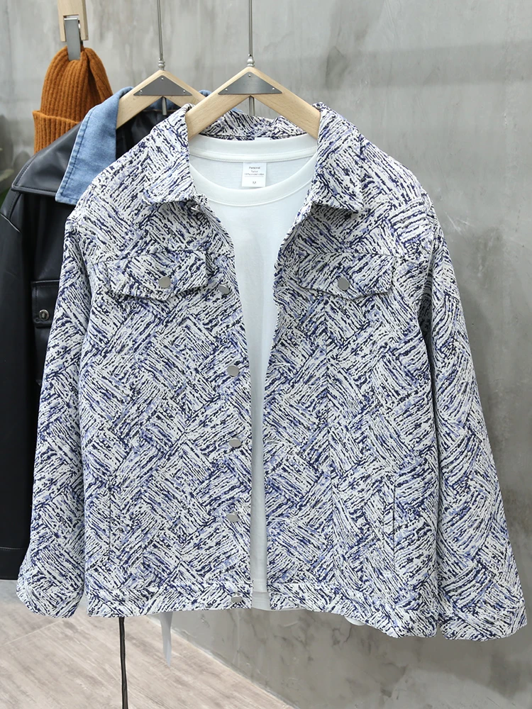 

Американский модный брендовый мужской свободный зимний джинсовый джинт в стиле ретро с вышитыми снежинками, синий и белый диагональный принт...