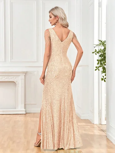 Imagen 2 del producto Vestidos de Noche elegantes con lentejuelas y cuello en V, vestido largo de lujo para mujer, vestido Formal para fiesta de boda y graduación, vestido con cuentas 2025