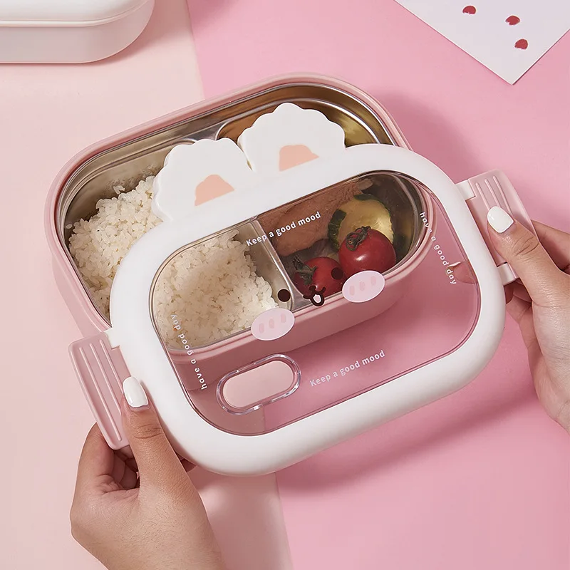 Fiambrera de conejo bonito de 950ml, caja Bento de acero inoxidable con 2 rejillas, diseño de hebilla, contenedor de almacenamiento de alimentos portátil sellado y a prueba de fugas
