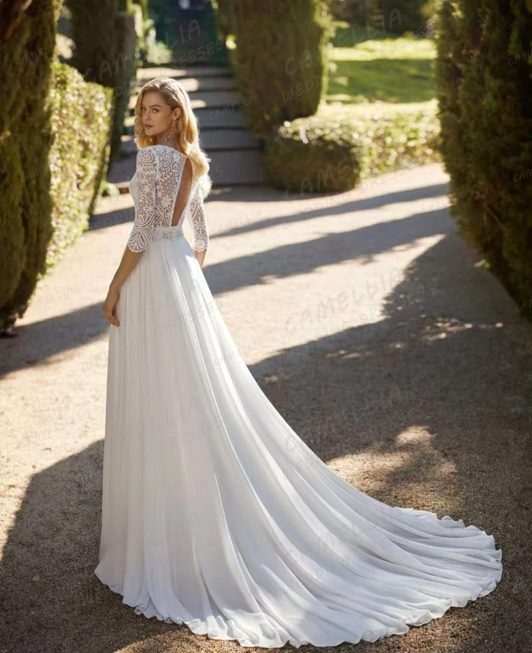 Abiti da sposa in chiffon di lusso Abiti da sposa a maniche lunghe con applicazioni di linea A da donna Vestido De Novia sexy senza schienale diviso personalizzato