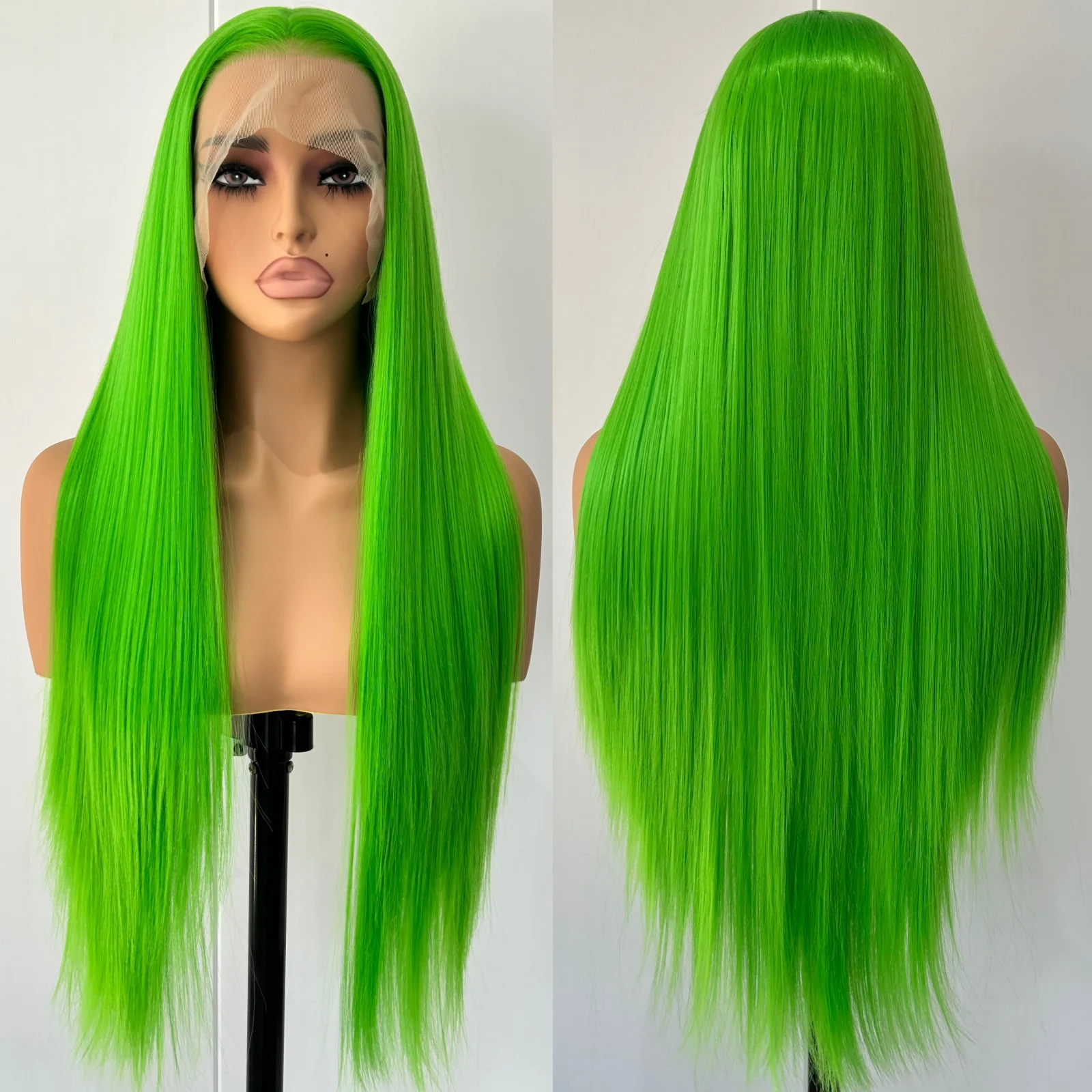Long Green Wig Silky Straight Synthetic Hair Free Part Lime Green Colored Lace Heat Resistant Fiber Wigs for Women Party Cosplay
