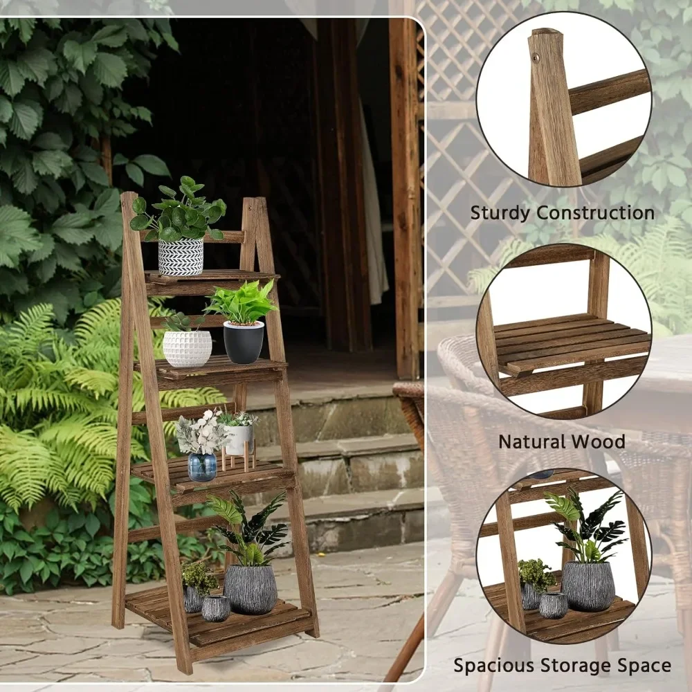 4 Tier Ladder Bookshelf Shelf, 45 Inch Wood Rustic Bookshelf, Indoor Plant Stand,  Shelves for Patio