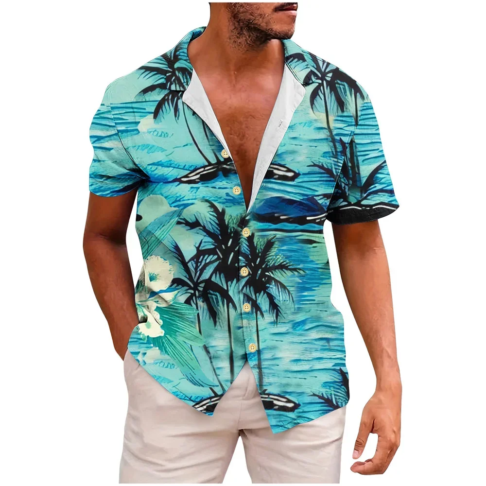 Hawaiian Fashionable Lapel Shirts For Men Summer Tropical Plant Printed Loose Short Sleeve Button-Down Beach Holiday Shirts 5XL