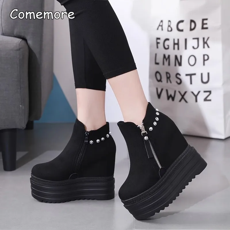 13CM Wedge High Heel Ankle Boots Platform Chunky Sole Rivet Fashion Women's Shoes Height Increasing Black Boots for Gothic Style