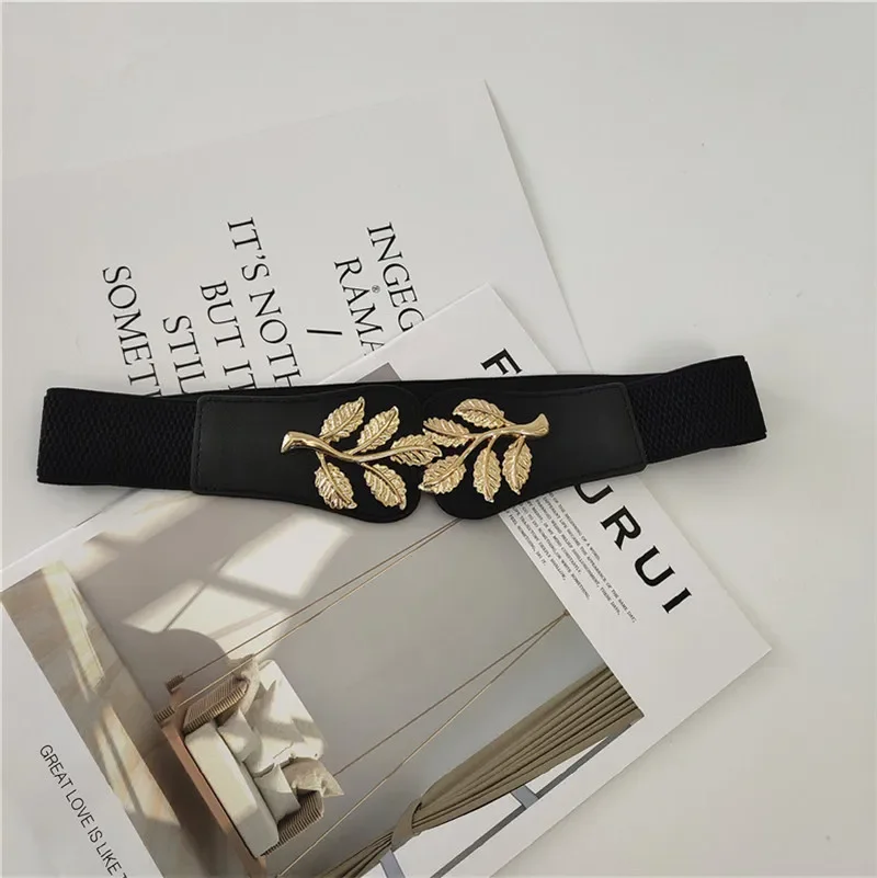 Women's Fashion Elastic Waistband Fashion Girdle Women's Metal Leaves One-Piece Dress Sweater Decorative Black Belt Corset Belt