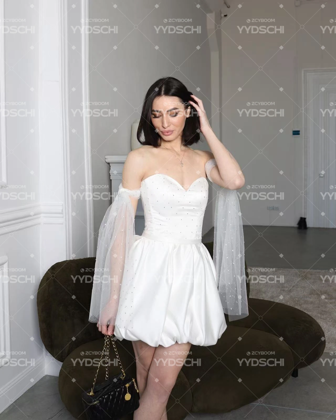 Maßgeschneiderte, schlichte, weiße, schulterfreie Cocktailkleider mit Blumenmuster, A-Linie, bauschig, über dem Knie, Brautkleid für Damen – Detail 7