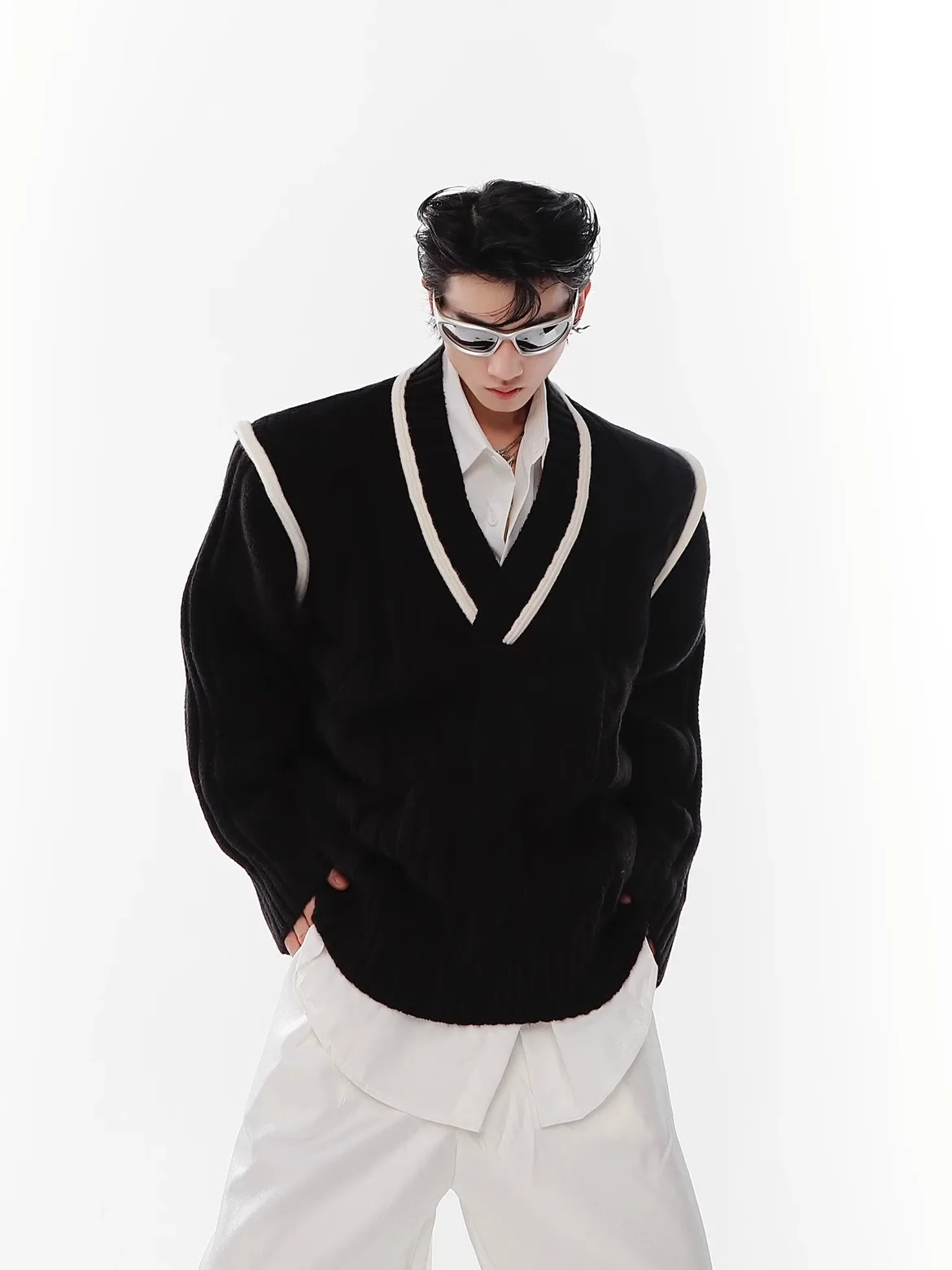 

Утепленный свитер с V-образным вырезом, свободный вязаный белый свитер с узором «косы», простой, повседневный, зимний, с длинными рукавами, молодежный, модный