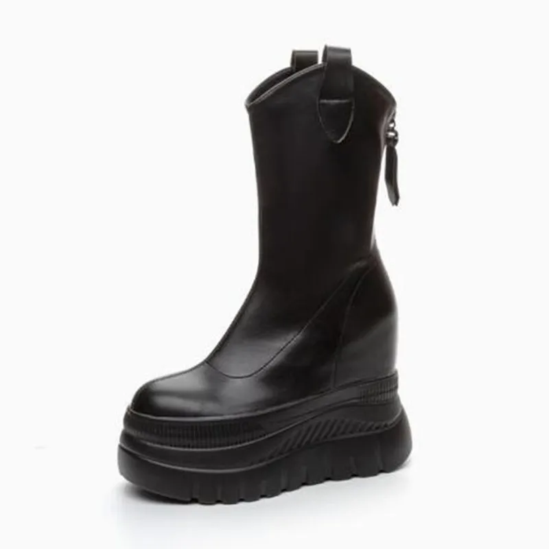 12CM Microfiber Leather Women Vulcanized Increase Casual Ankle Boots Platform Wedge High Heels White Shoes ZIP Mid-calf Boots