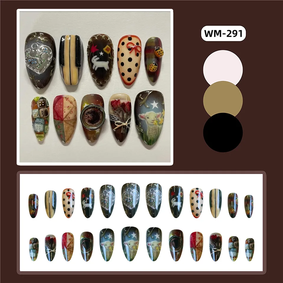 24 piezas uñas postizas vintage estilo campestre con dibujos de corderitos, conejitos y rosas, con moños 2