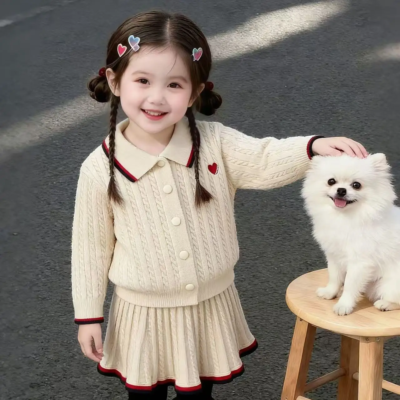 

Kids Suits Autumn/Winter Girls' Campus Style Flip Collar Cardigan Sweater+pleated Skirt Two-piece Set School Uniform 2-6Y