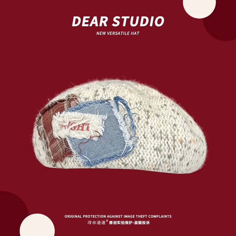 Korean Version Ins Sticker Design Knitted Berets Women's Autumn and Winter Warm Versatile Fashion Temperament Painter Hat