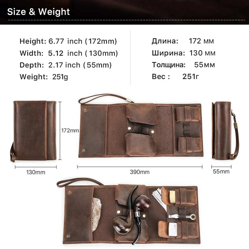 Retro Crazy Horse Leather Tri-fold Pipe Bag with Wrist Strap Portable Smoking Accessories Storage Pouch