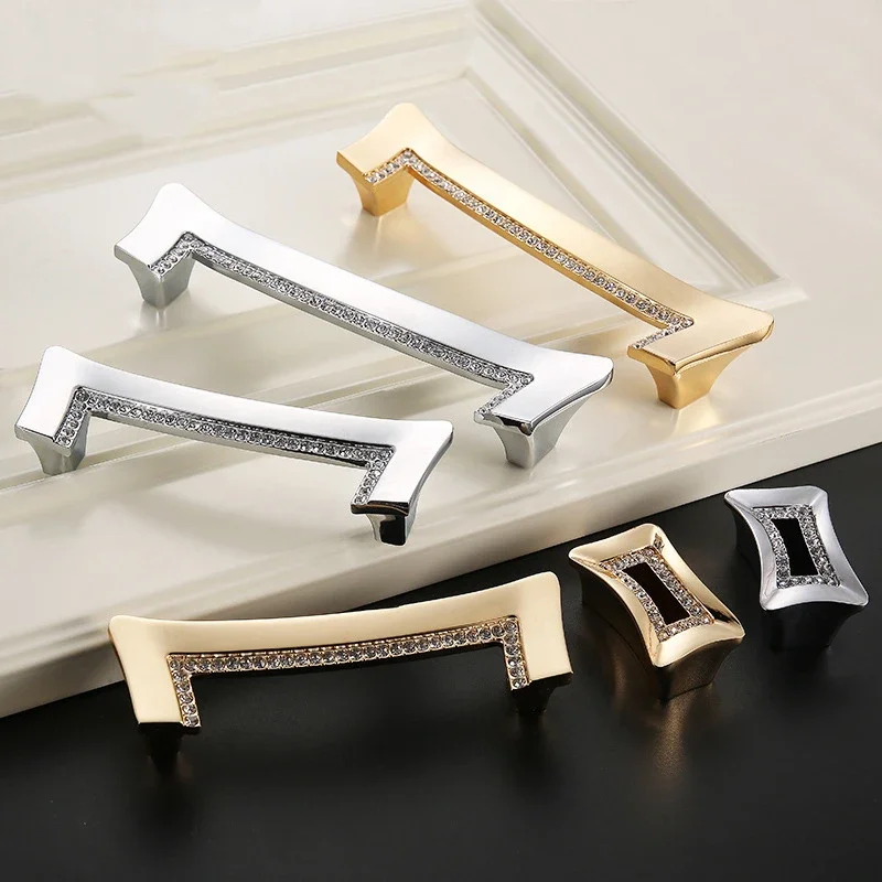 Luxury Gold Czech Crystal Cabinet Door Handles Furnitures Cupboard Wardrobe Drawer  Dresser Hidden Pull Furniture Hardware