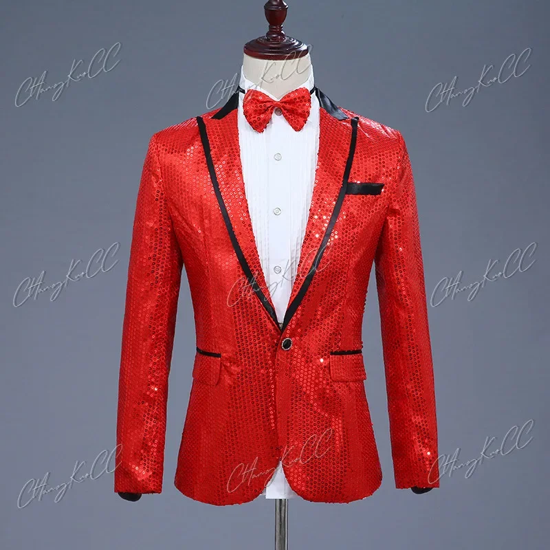 Pink Sequin One Button Dress Blazers 2024 Brand New Nightclub Prom Men Suit Jacket Wedding Stage Singer Costume (Bowtie Include)