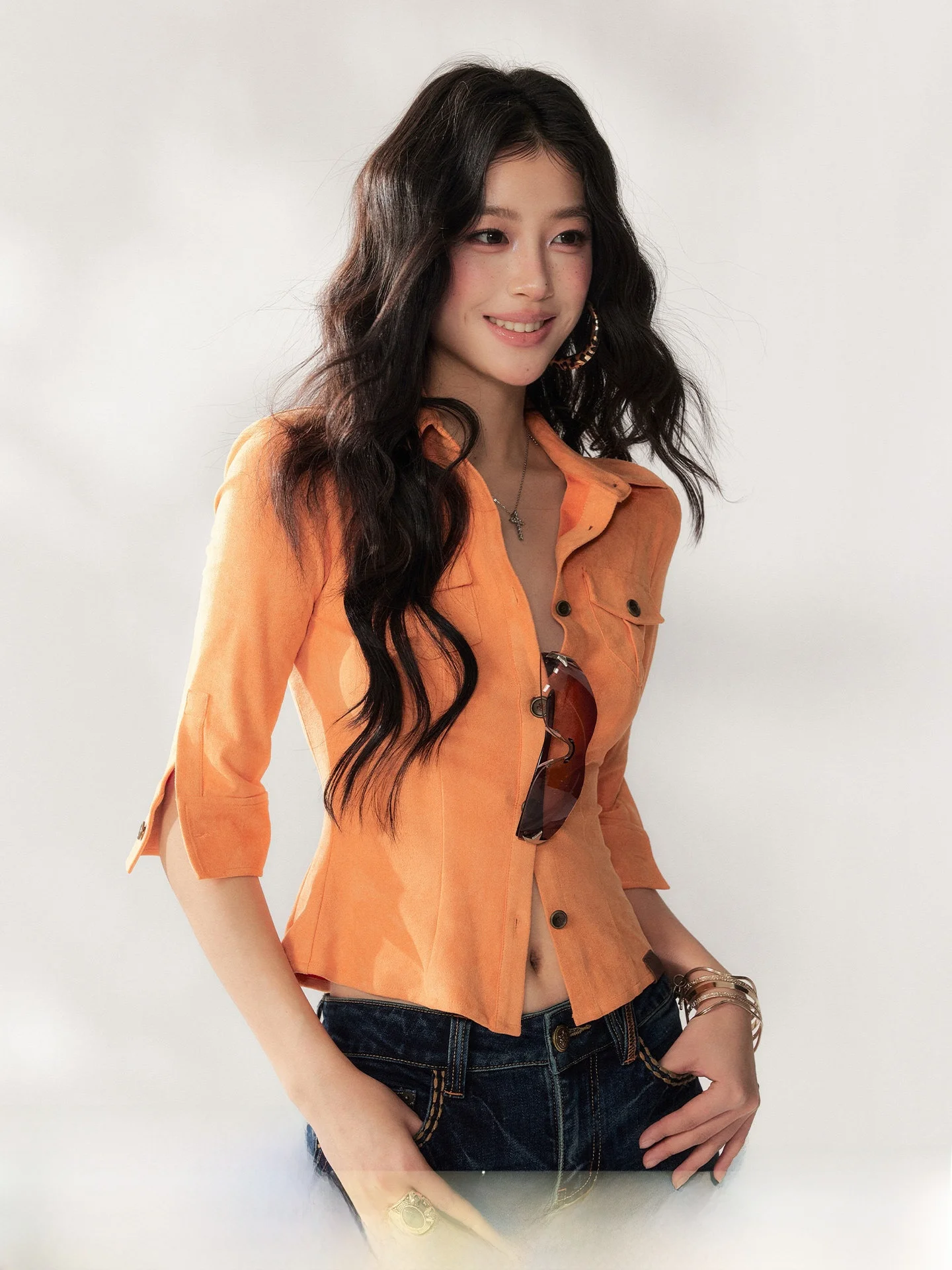 

Shoulder Padded Suede Shirt Half Sleeve Workwear Style Spicy Girl Top Vintage Style Slim Fit Anti-Wrinkle Polyester Blend