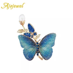 Ajojewel Exquisite Embroidery Blue Butterfly Brooch With Pearl Crystal Rhinestone Insect Jewelry Wholesale