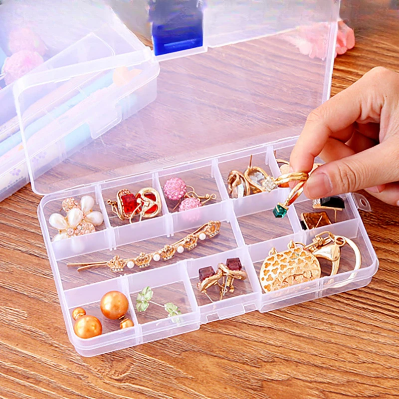 Portable Clear Plastic Storage Box with Lid, Clear Arrangement of Jewelry Earrings, Screw Pieces 10,15,24 Grid Storage Organizer