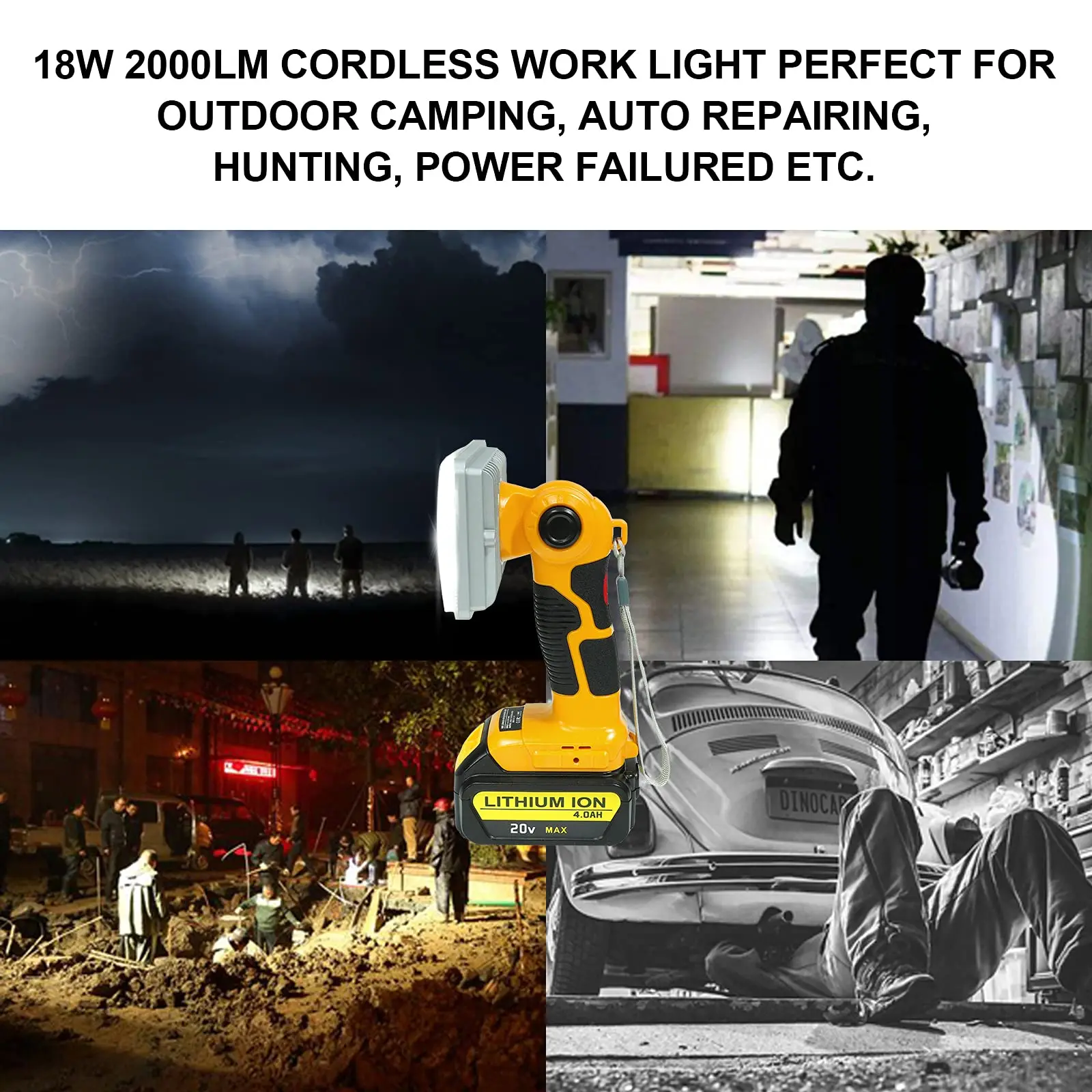 For Dewalt 20v Work Light 18W 2000LM Portable Floodlights Spotlight with USB Charging Port for Repairing Garage Camping Jobsite