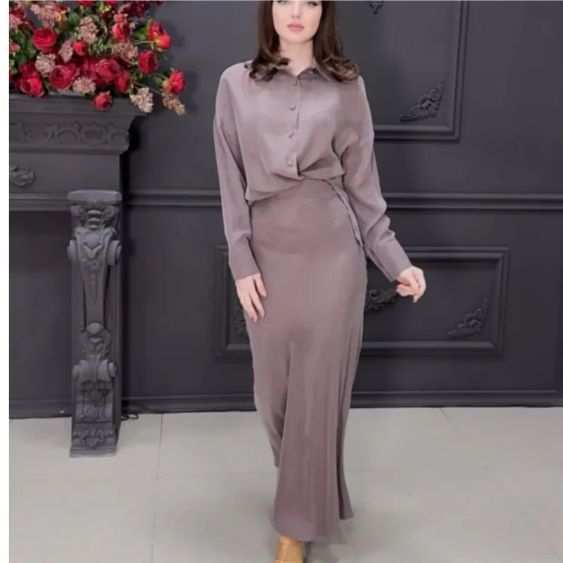 Matching Sets Women Dress Sets Elegant Ankle Length Skirts Blouses Single Breasted Long Sleeve Solid Loose Button Basics