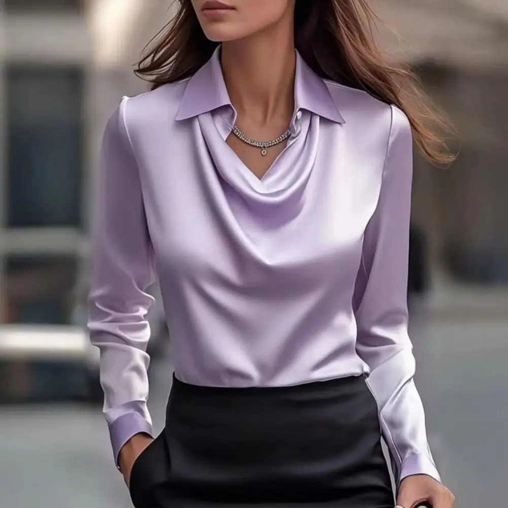 

2025 Satin Blouse Women Top Elegant Satin Lapel Shirt for Women Loose Fit Swing Collar Blouse Solid Colors Versatile for Wear