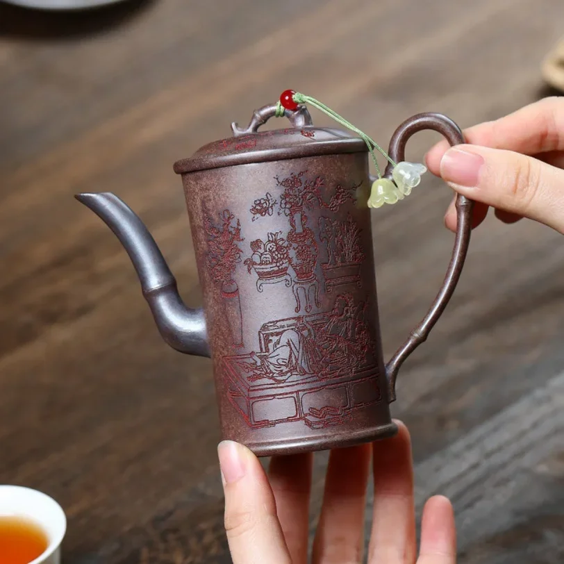 Retro Luxury Tea Infuser Teapot Container Yixing Purple Sand Pot Rouge Handmade Tall Tube Bamboo Shadow Qingfeng Kungfu Tea Set