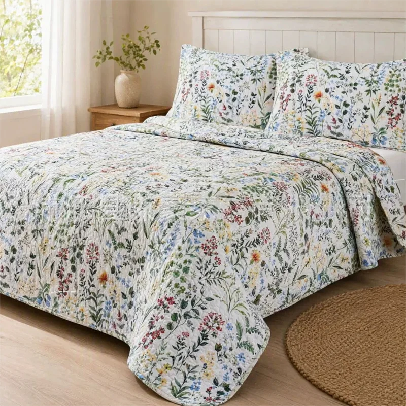 Oversized 100% Cotton Quilt Floral Printed Bedspread Set 3Pcs - Lightweight Bed Cover Reversible Coverlet for King/Queen Bed
