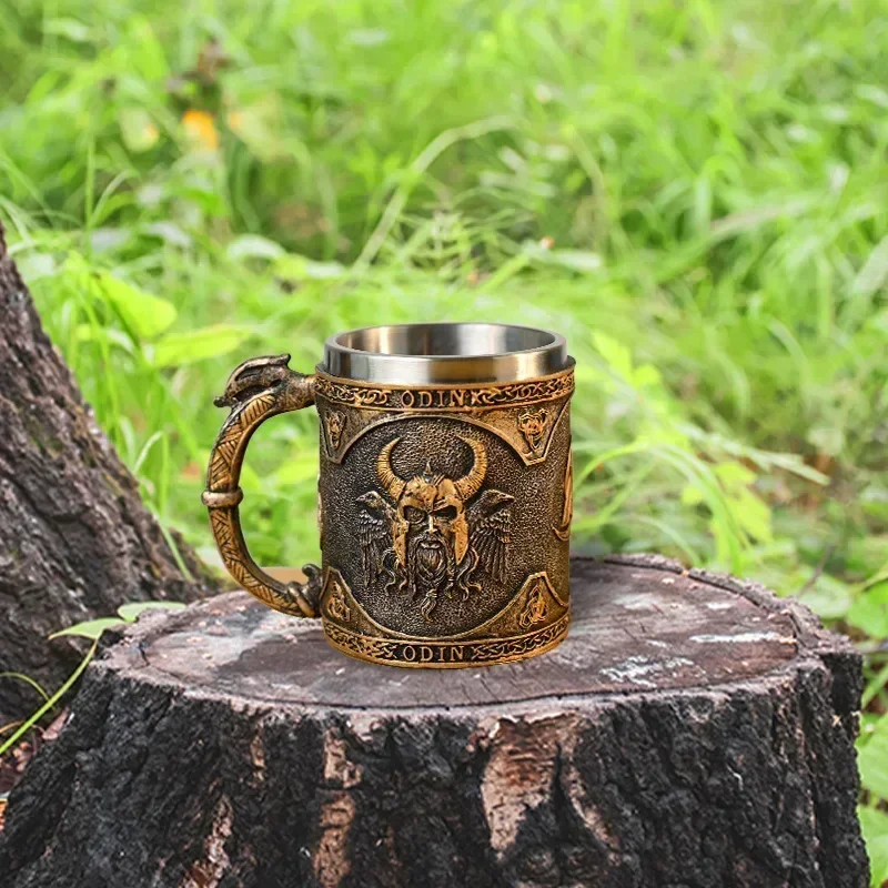 

1pc, Medieval Viking Mug, 450ml/ 15.3oz Stainless Steel Coffee Mug, Norse Myth Coffee Cups, Water Cups, Summer Winter Drinkware