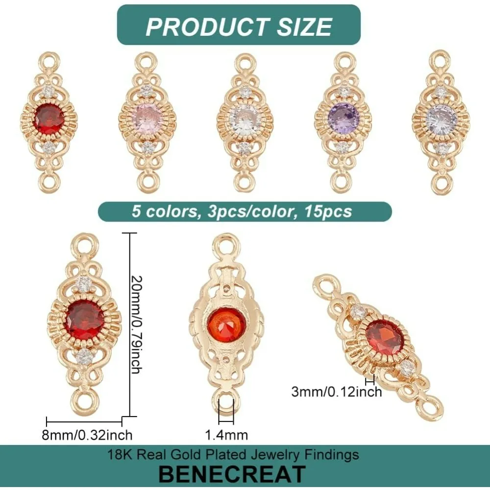 15pcs 5 Colors 18K Gold Brass Connector Charms Micro Pave Cubic Zirconia Links Rhombus Links with 2 Loop for Bracelets Necklace