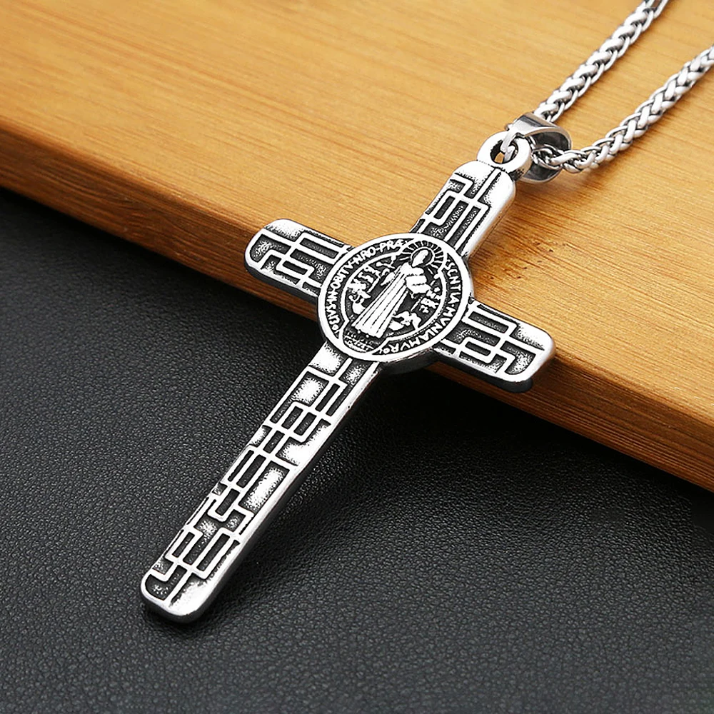 Vintage Stainless Steel Catholic Jesus Cross Necklace For Men Women Saint Benedict Cross Pendant Fashion Amulet Jewelry Gifts