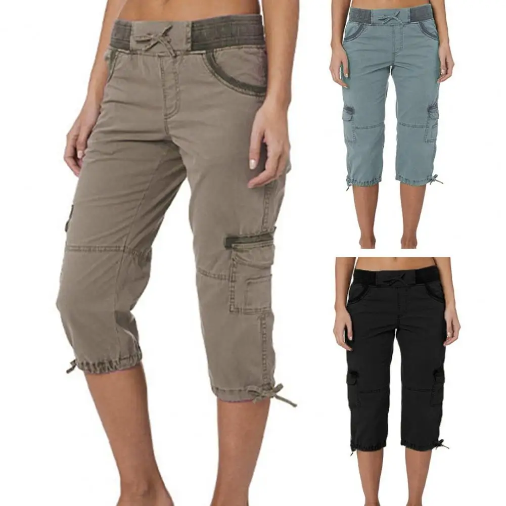 

Stylish Lady Trousers Flap Pockets Cropped Pants Leisure Elastic Waist Wide Band Summer Pants Soft Fabric