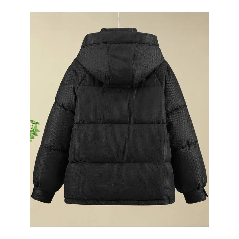 Piumino corto da donna invernale ispessito Cappotto stile pane Cappotto con fibbia in corno Vestibilità ampia con cappuccio Capispalla in cotone per la stagione fredda