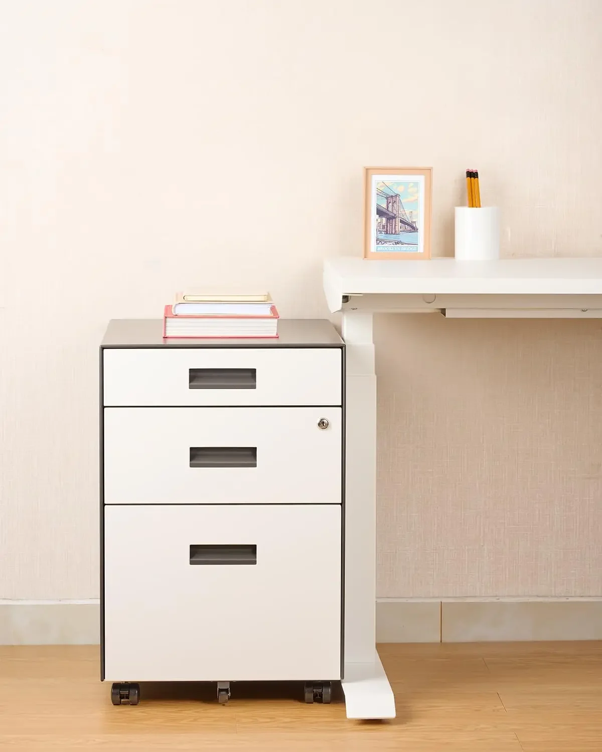 3 Drawer File Cabinet with Lock - Under Desk Metal Filing Cabinet, Legal/Letter File Folders, Wheels, Fully Assembled, White/Gra