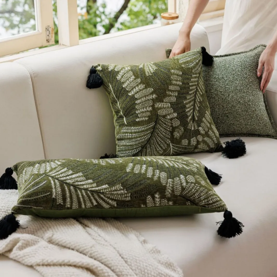 Retro Green Fern Leaf Cushion Cover Chenille Tassel Soft Textured Decorative Throw Pillowcase for Sofa Living Room Home Decor