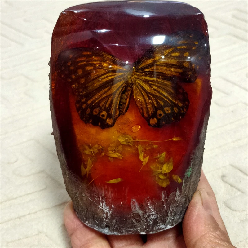 Antiqued artificial resin ornaments: amber butterfly, crab, dragonfly, cicada, scorpion, shrimp