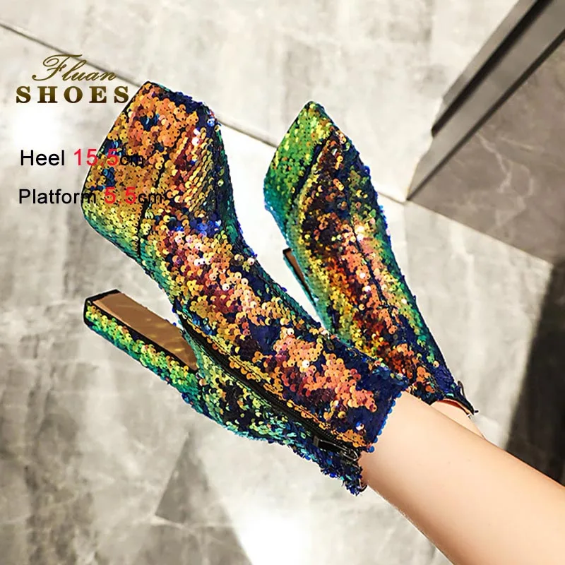 

Casual Coarse Heel Short Boots Super High Heels Stage Catwalk Ankle Boots Fashion Sequin Autumn Winter Lady Shoes Long Boots CD