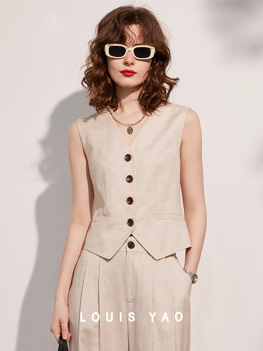 

LOUIS YAO Women's Vest V-neck Linen Sleeveless Vest Summer Commuting Casual Contrasting Buckle Design Suit Women's Vest