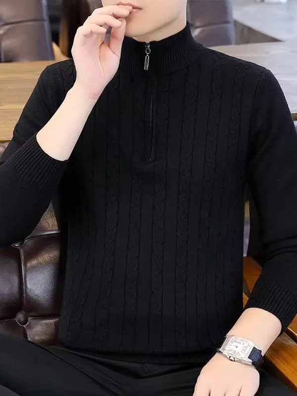 

Мужской вязаный свитер с высоким воротником на молнии, однотонный, приталенный, базовый, повседневный, осенне-зимний, новинка