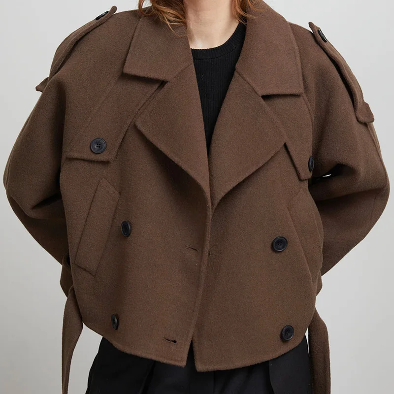 Retro Solid Woolen Blend Coat Lapel Collar Double Breasted Jacket New Fashion Casual Slim Coat 2024 Autumn Winter Lady Outerwear