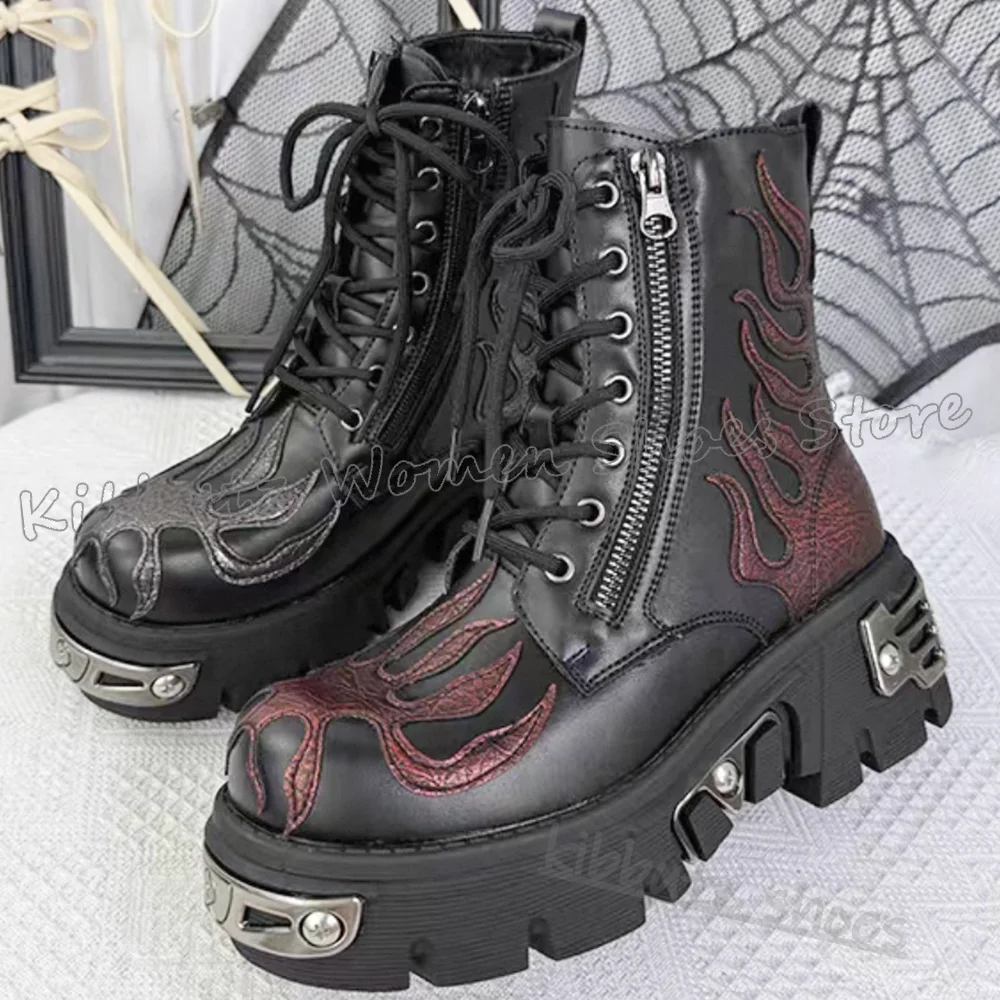 

Flame Ankle Boots Embroidery Patchwork Metal Decor Zipper Leather Mixed Color Fashion Punk Rock Luxury Novelty Spicy Girls Shoes