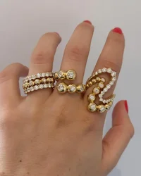 New Women Finger Jewelry Us Size 6 7 8 Full Paved 5A Cubic Zirconia Geomeric Round Bezel CZ Ring Gold Color