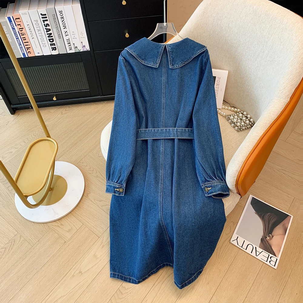 Women\'s plus size autumn/winter casual denim dress doll collar waist waist MIDI commuter cardigan denim skirt 2024 new model