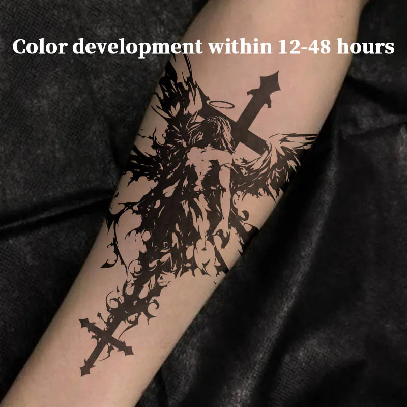 Dark Splash Fallen Angel Cross Halo Herbal Juice Tattoo Sticker Waterproof Fake Tattoo Unisex Forearm Gothic Religious Body Art