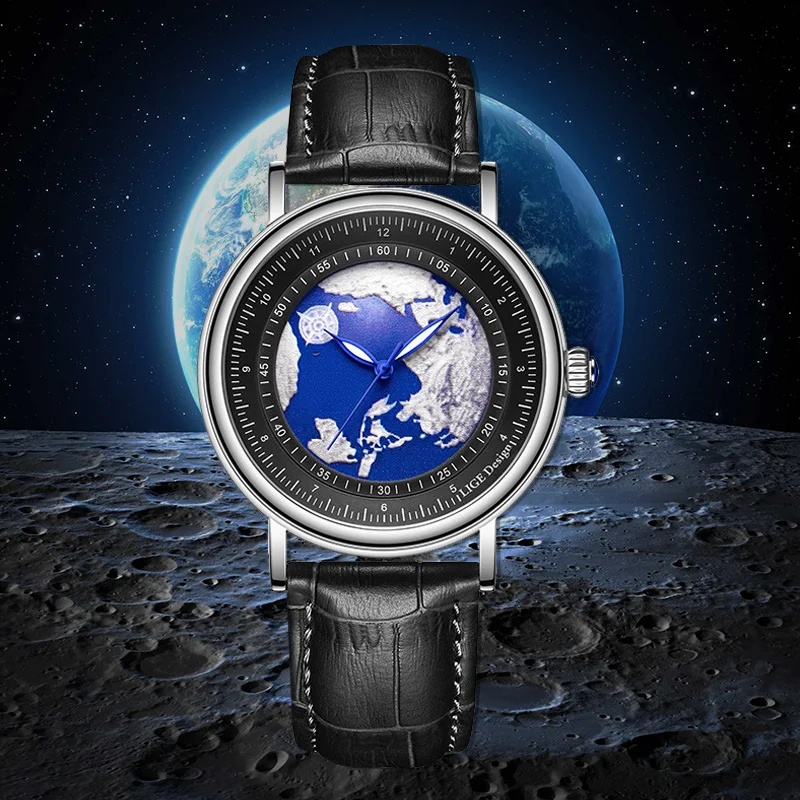 

LIGE Man Wristwatches Blue Planet Creative Earth Fashion Quartz Man Watch Business Sport Watch for Men Luminous Clock Man+Box