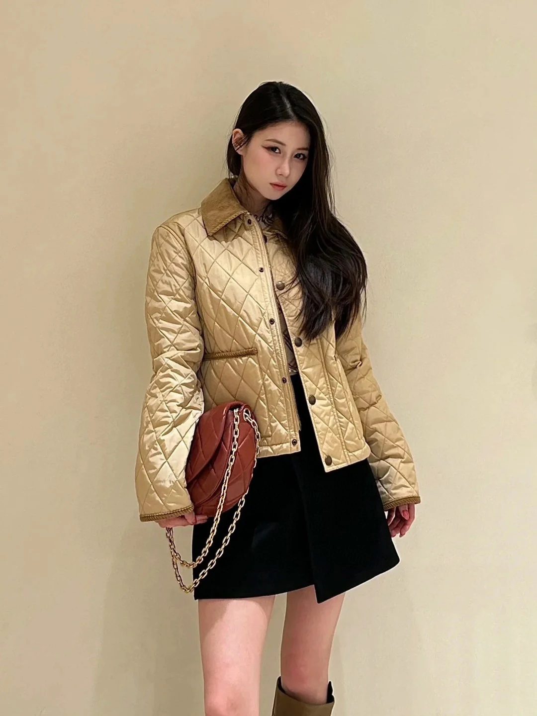 Comfortable Soft Retro British Style Women's Cotton Jacket  Collar Single Button Pure Color Diamond Pattern Winter Coat