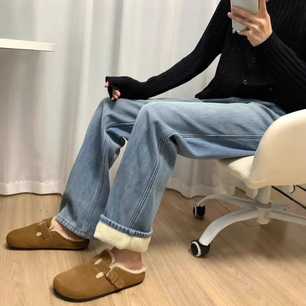 2025 Women's Tall Extended Edition Winter Plush Thick Jeans Women's High Waist Look Thin Light Blue Straight Pants
