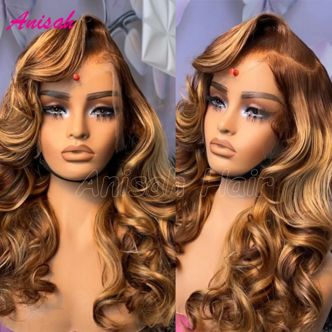 Virgin Hair Highlight Colored Lace Front Wavy Wig Human Hair PrePlucked Glueless Lace Closure Wigs with Side Bangs For Women