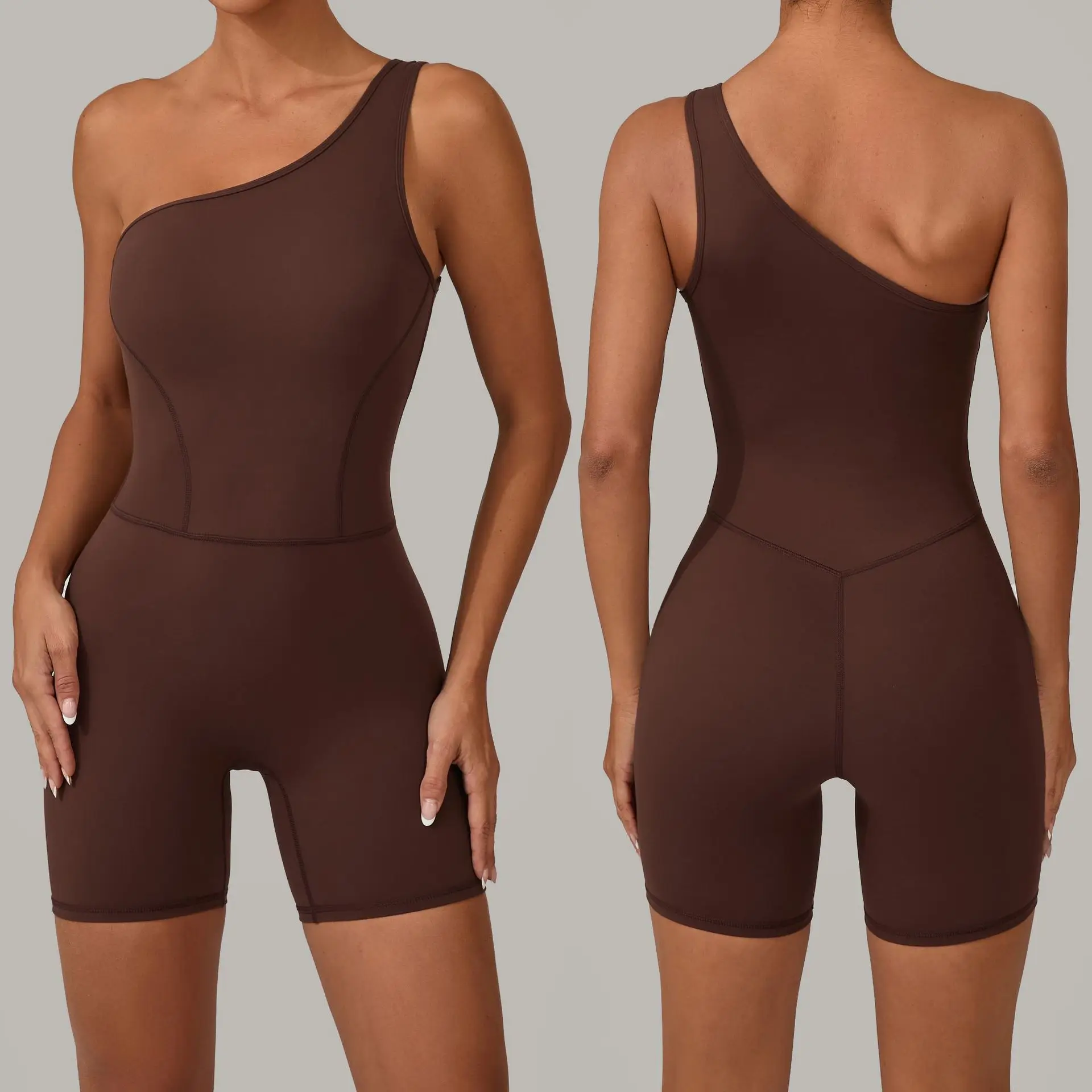 

VEQKING Single Shoulder Women Yoga Shorts Jumpsuits Quick Dry Sports Tracksuit with Pads Tight Gym Workout Bodysuit Bike Outfits