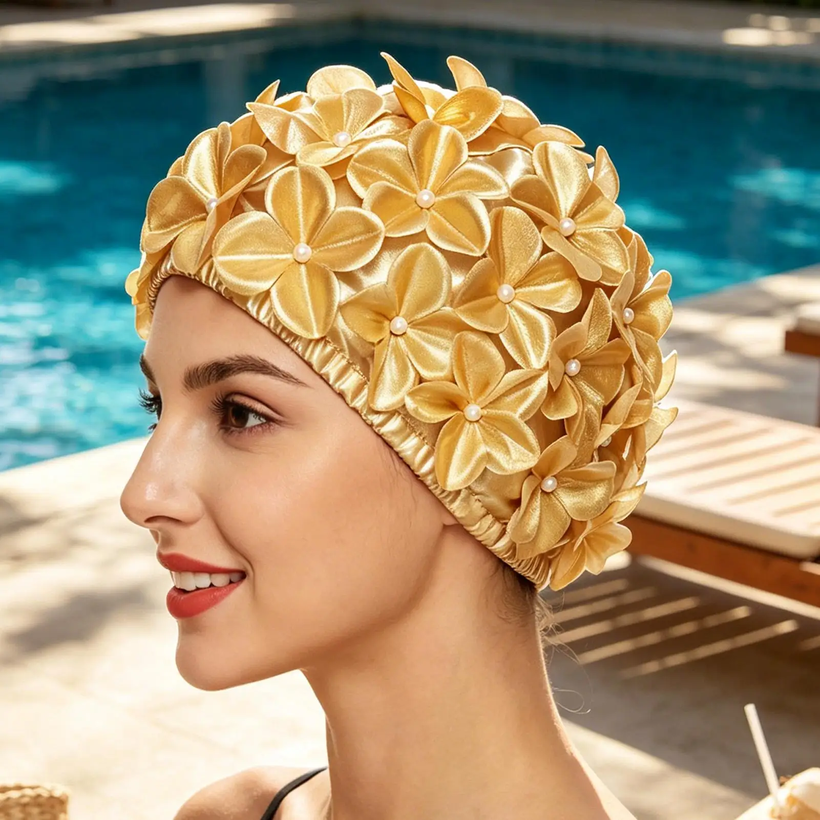 Elastic Double Layer Swim Hat 3D Stereo Floral Beaded Fabric Cap Soft Comfort Swimming Accessory For Summer Water Sports