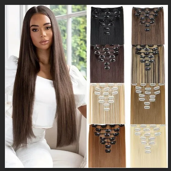 Synthetic Clip in Hair Extensions 16 Clips 7PCS Straight Long Hairpiece Fiber Wig Set Heat Resistant Cosplay Anime Party Women