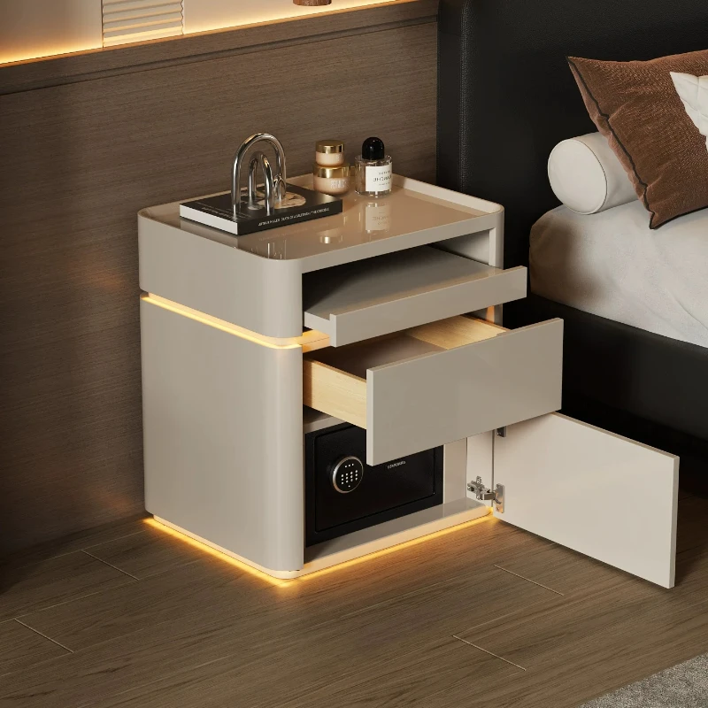 Italian Minimalist Solid Wood Bedside Table Light Luxury High-end Home Bedroom Safe Tables Nightstand Storage Locker Furniture